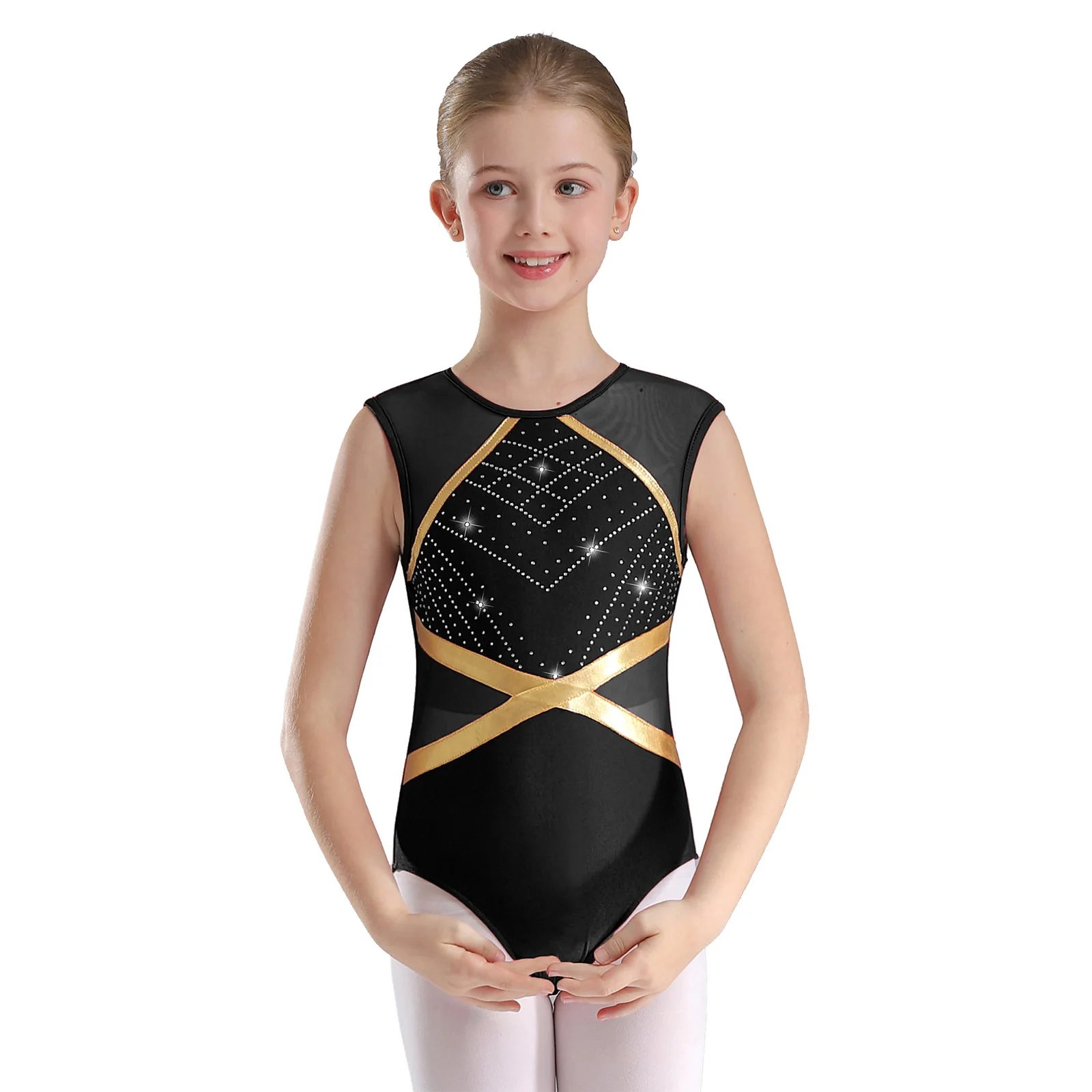 TiaoBug Kids Girls Rhinestones Sleeveless Gymnastics Dance Leotard Bodysuit Keyhole Back with Shorts for Figure Skating