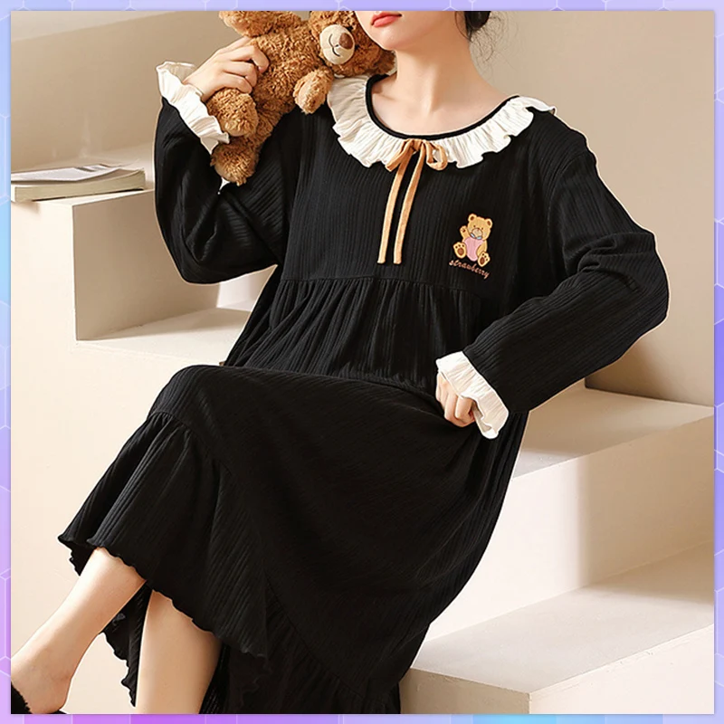 용수철 가을 잠옷 긴팔 잠옷, 귀여운 프린트 숙녀 잠옷, 섹시한 여성 잠옷, 느슨한 대형 홈웨어, 나이트 스커트 