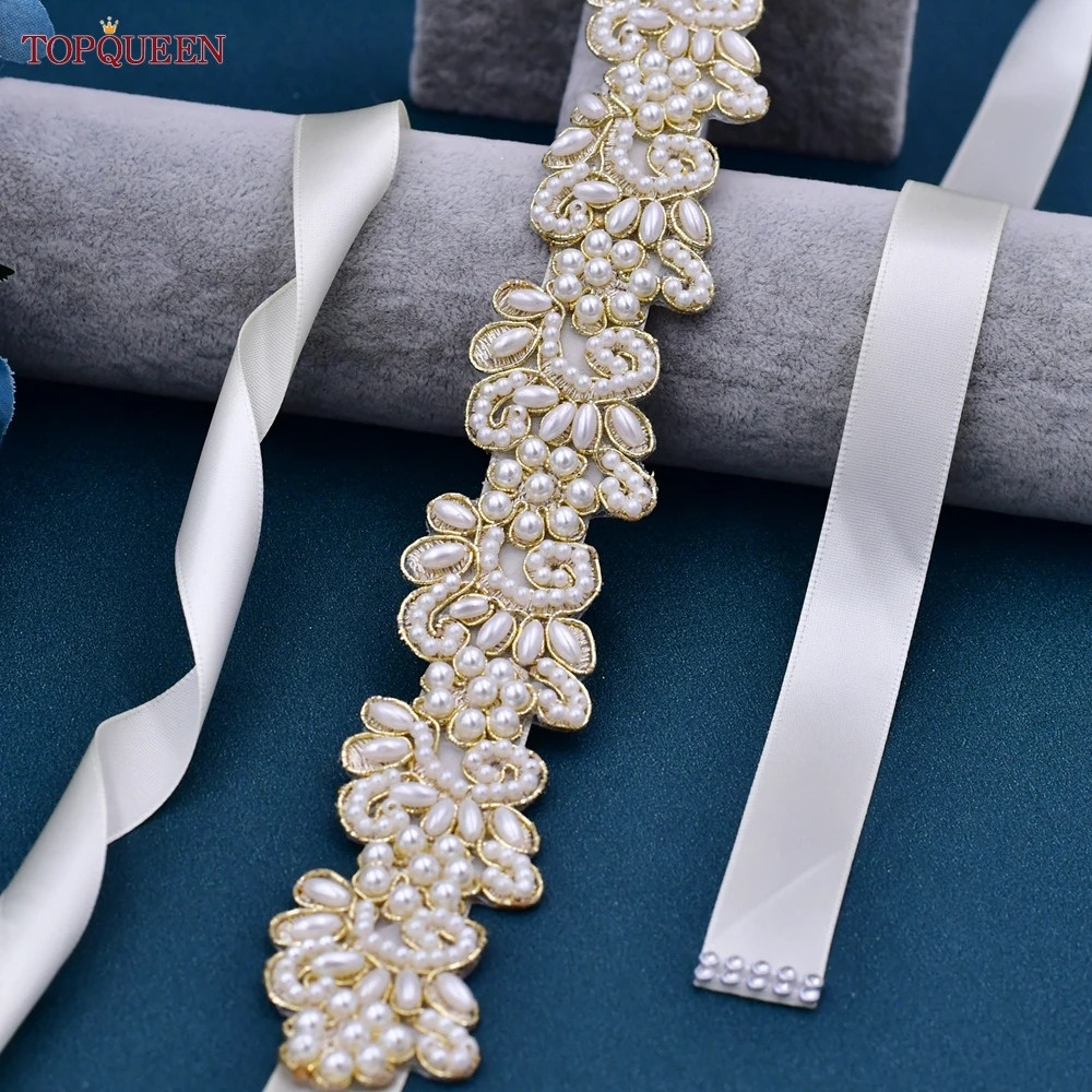 TOPQUEEN S412 Pearl Wedding Dress Belts Gold Bridal Belt  display picture 3