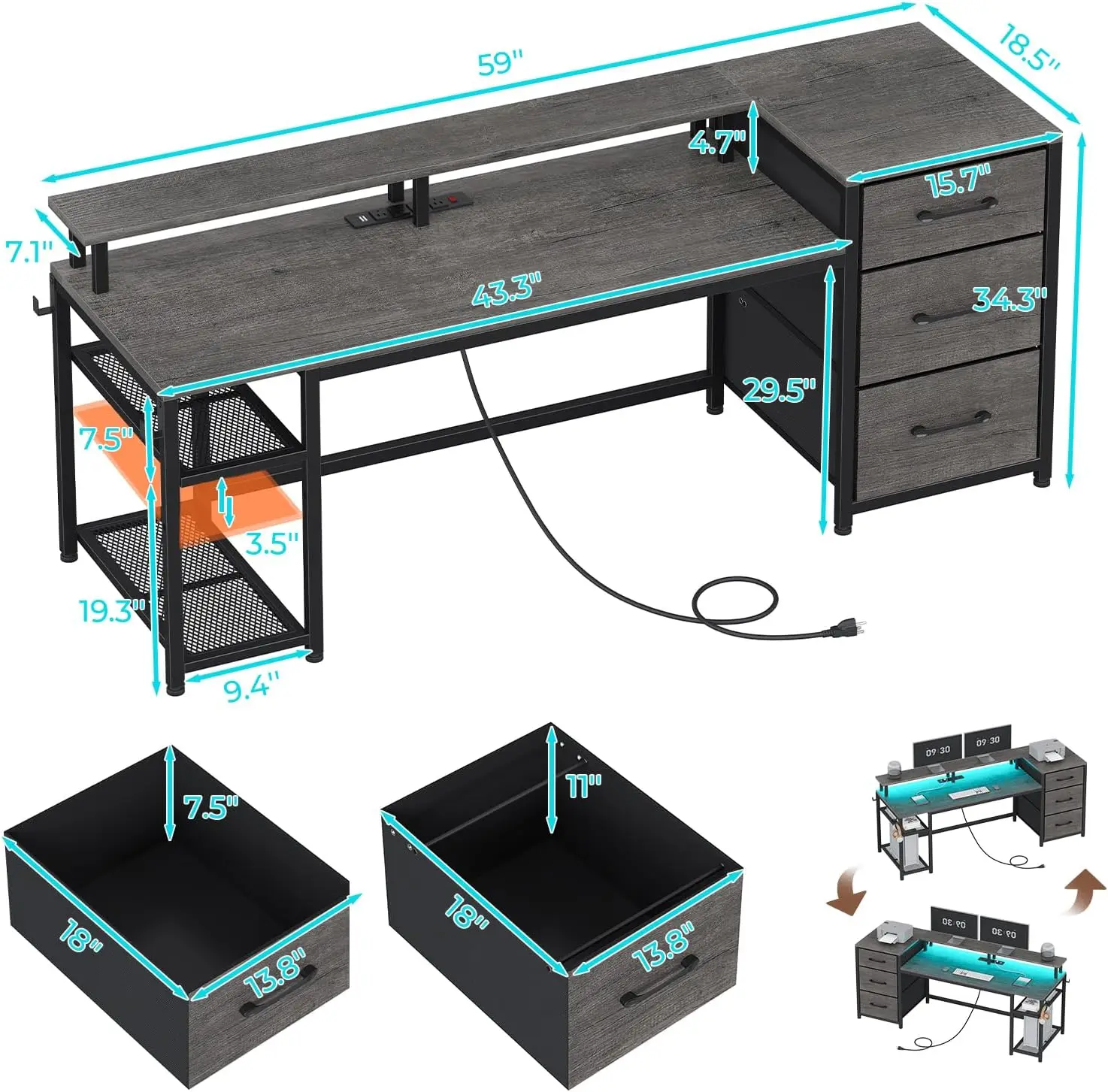 Computer Desk with File Drawers & Storage Reversible Gaming Desk with LED Lights & Power Outlet
