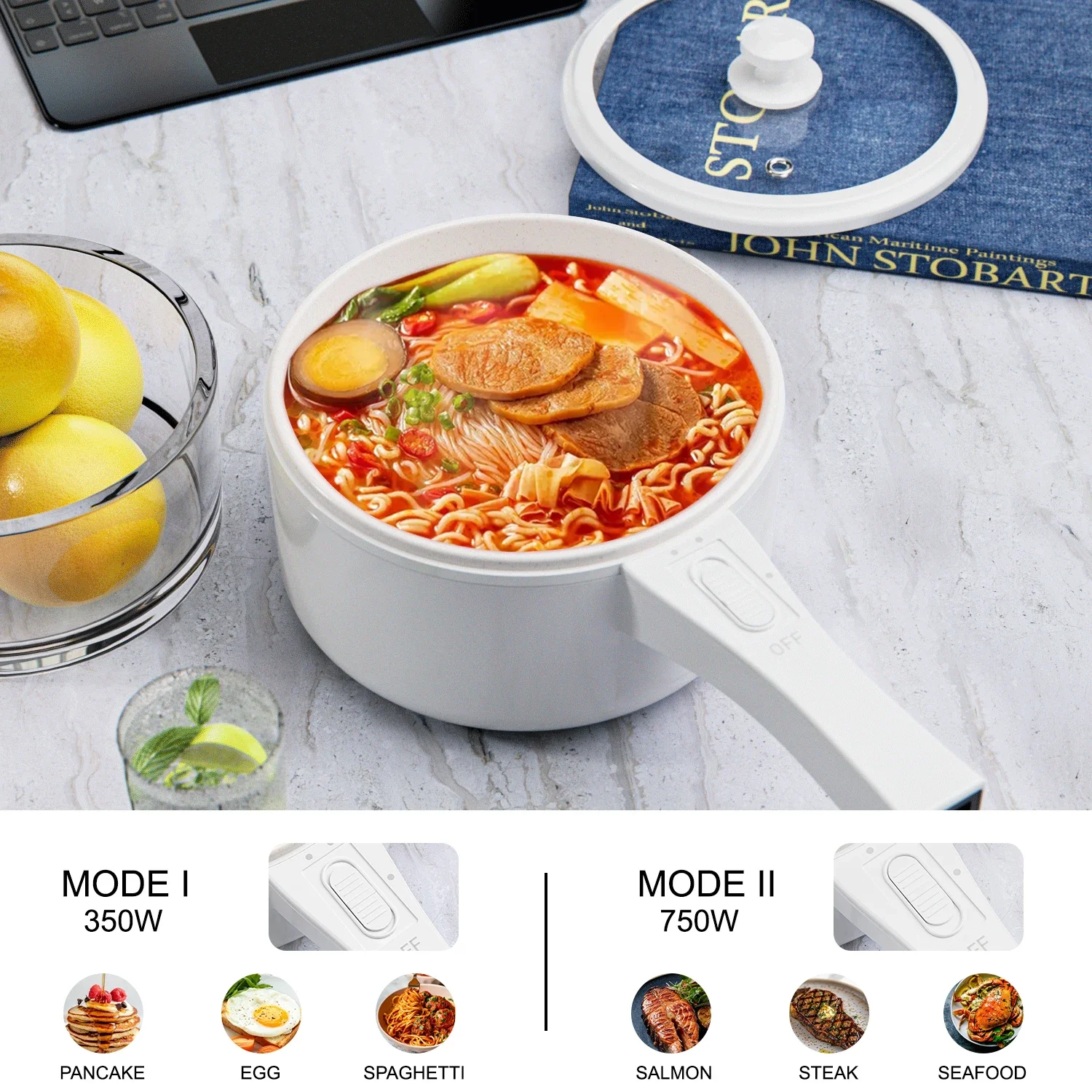 Hot Pot Electric with Steamer, Non-Stick Fryer Pan, 1.5L Rapid Noodles Electric Pot for Steak, Soup with Power Adjustment