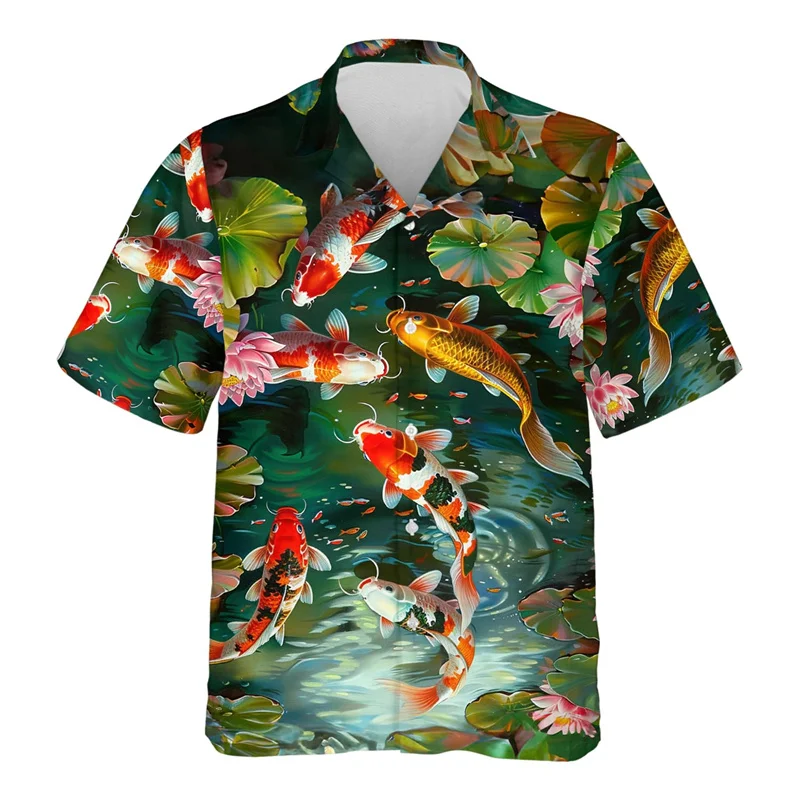 thumbnail image 1 of Camisa hawaiana con estampado 3D de peces koi para hombre, blusas con estampado de animales de buena suerte, camisas hawaianas de verano para la calle, blusas con solapa y mangas cortas, 1 of 4