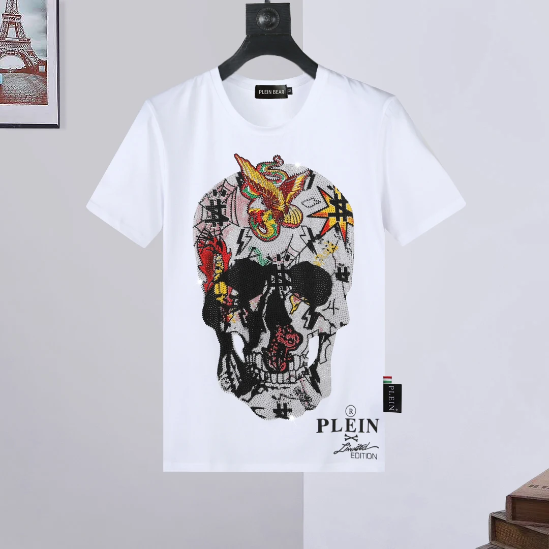

T-SHIRT IN BLACK ROUND NECK SS SKULL AND PLEIN 100% Cotton T-shirts Men Print Tops Comfortable Tees Quality Tshirt 8572