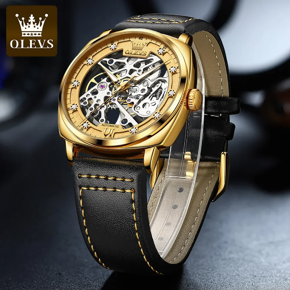 

OLEVS 6651 Hollow-carved Fashion Watch For Men, Automatic Mechanical Waterproof Genuine Leather Strap Men Wristwatch Luminous