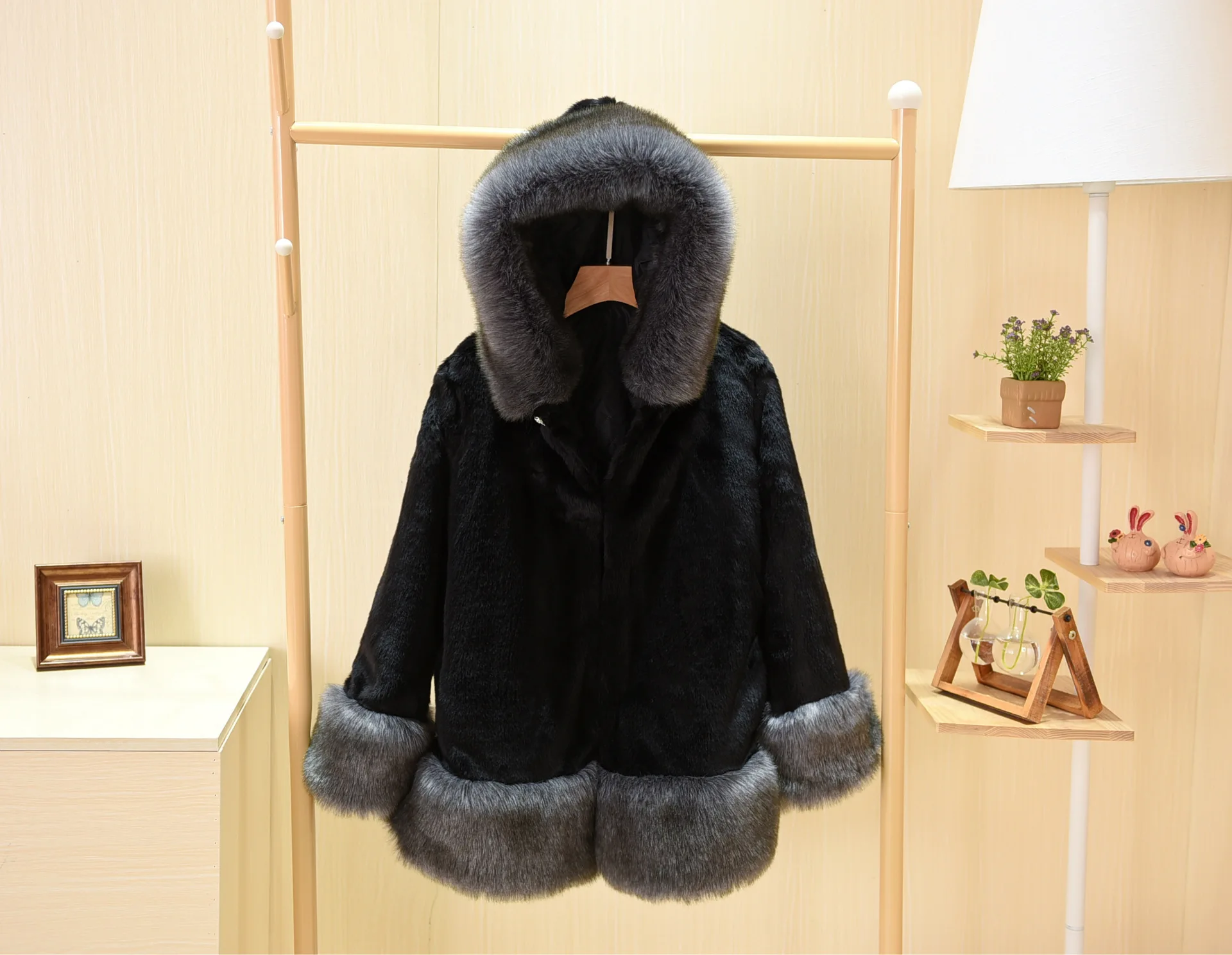 S-5XL Women's Hooded Coat Faux Fur Fox Collar Full Mink Fur Medium Length Autumn Winter Warm Clothes