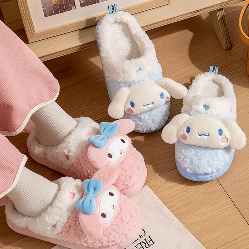 Kawaii Sanrio Hello Kitty zimowe pluszowe antypoślizgowe pantofle Anime słodkie Kuromi Cinnamoroll Yk2 damskie domowe puszyste pantofle płaskie buty
