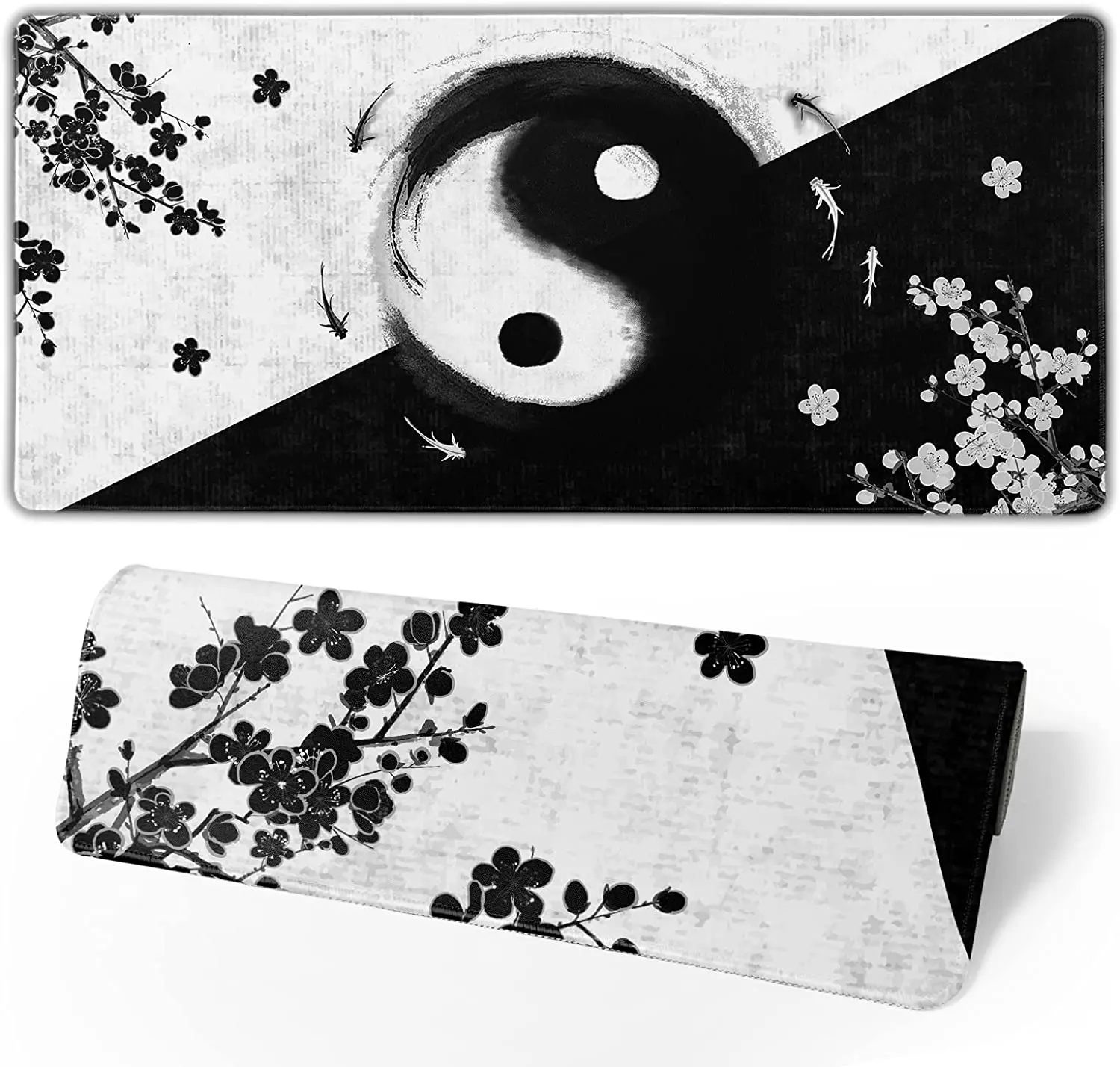 

Black White Cherry Blossom Extended Stitched Edges Mousepad Keyboard Mat Full Desk Pad Long Large Rubber Mice Pad 35.4×15.7