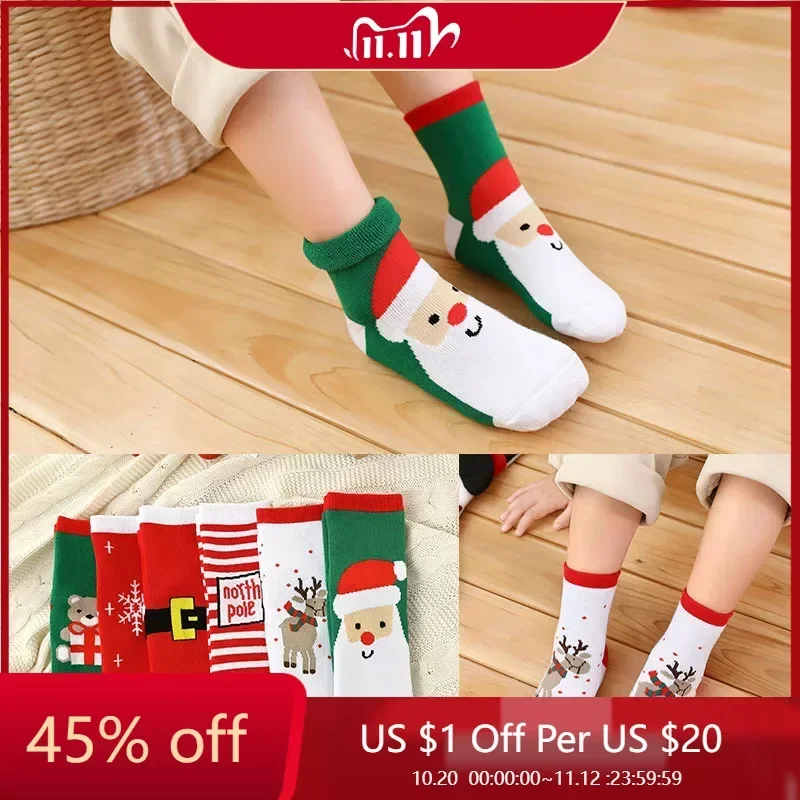 

Winter Children's Socks Christmas Thick Wool Red Baby Boys and Girls Red Holiday Cartoon Towel Thick Socks