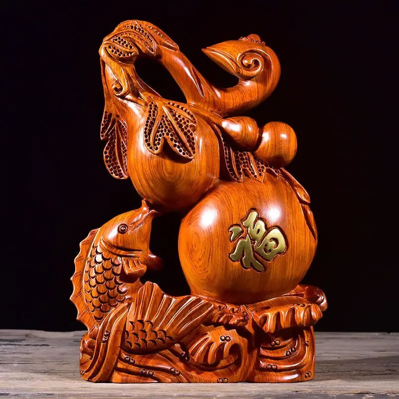 

1 pc Solid wood carving Fulu Youyu Gourd Decoration Home Furnishings Living room decoration Crafts Housewarming gift figurines