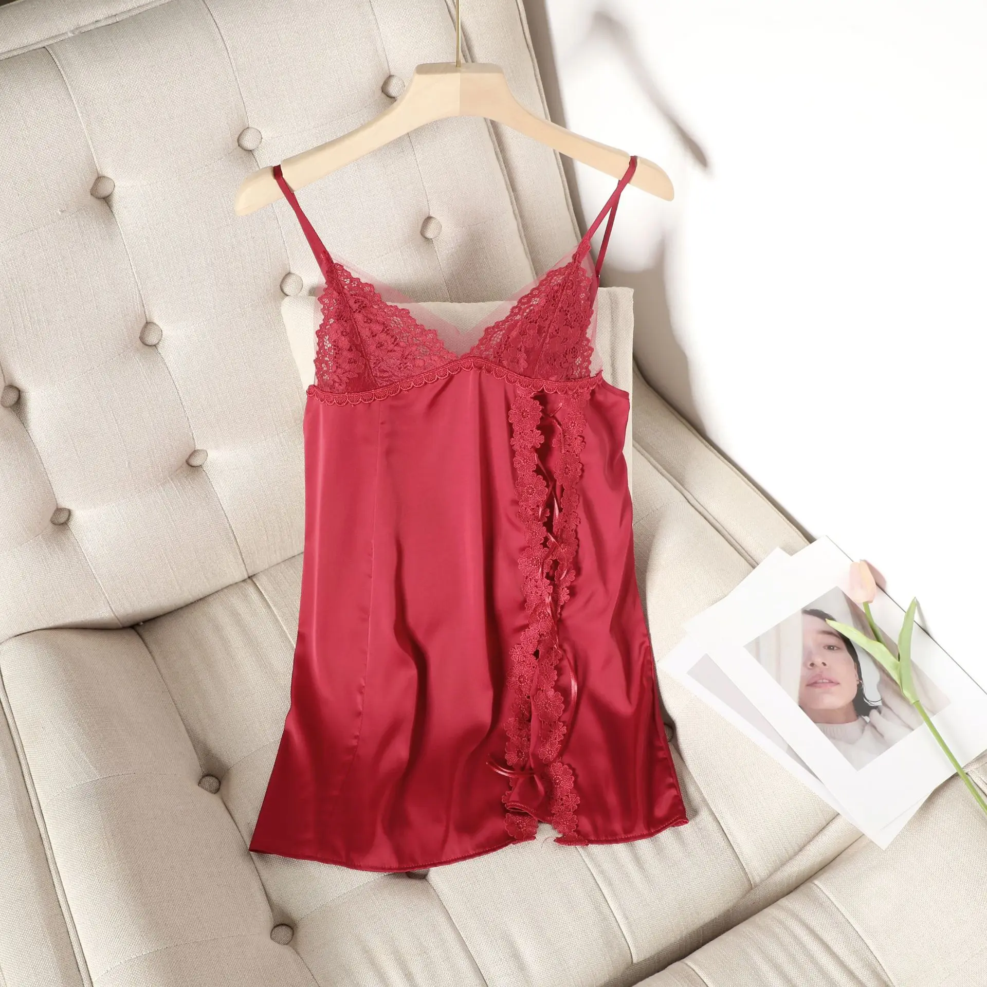 Red Women Sleepwear Satin Nightgown Mini Slip Chemise Wedding