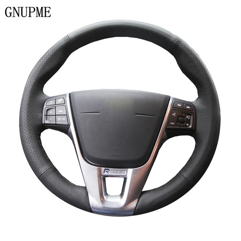 

GNUPME Black Genuine Leather Car Steering Wheel Cover for Volvo V40 XC60 S60 LV60 S80L Special hand-stitched Steering Covers