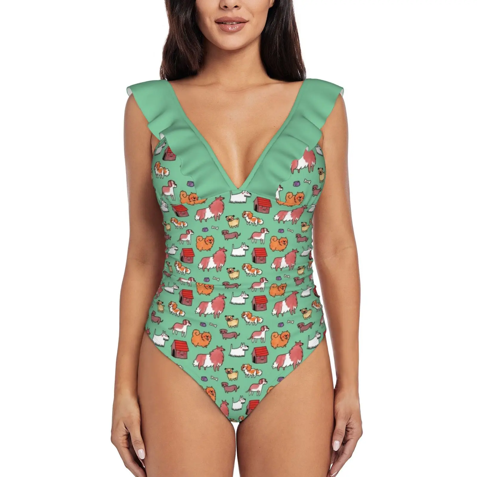 

I Want A Dog Sexy One Piece Swimsuit Women Swimwear Monokini Ruffle Bathing Suit Beach Wear Dog Dogs Doggo Dogspotting Cute