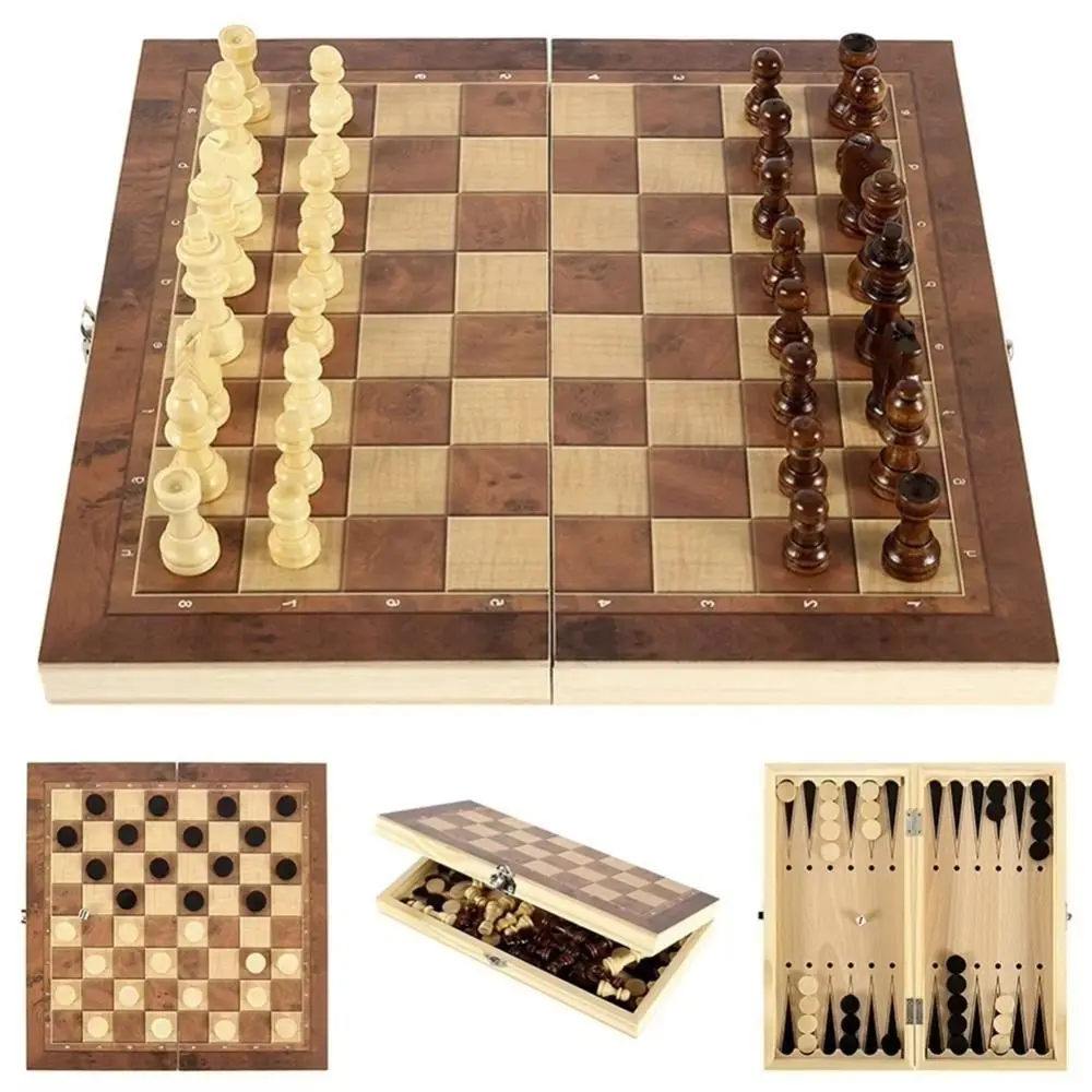 3-in-1 Chess&Backgammon&Checkers Set Chessboard Wooden Board Games Set Foldable Improve Intelligence International Chess Game