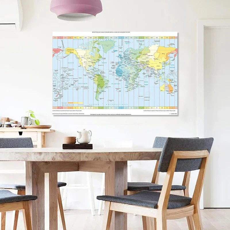 150*100cm The Wold Time Zone Map In French Vintage Non-woven Canvas Painting Wall Art Poster School Supplies Home Decor
