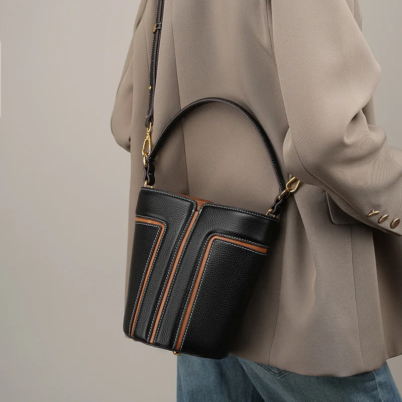 New Luxury Genuine Cow Leather Bucket Bags For Women Large Capacity Shoulder Crossbody Bags Cowhide Commute Fashion Handbag