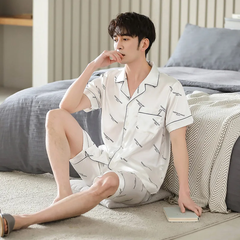 

Men White Satin Print Pajamas Summer Short Sleeve Satin Casual Night Clothes Pyjamas Two-piece Suit Home Wear