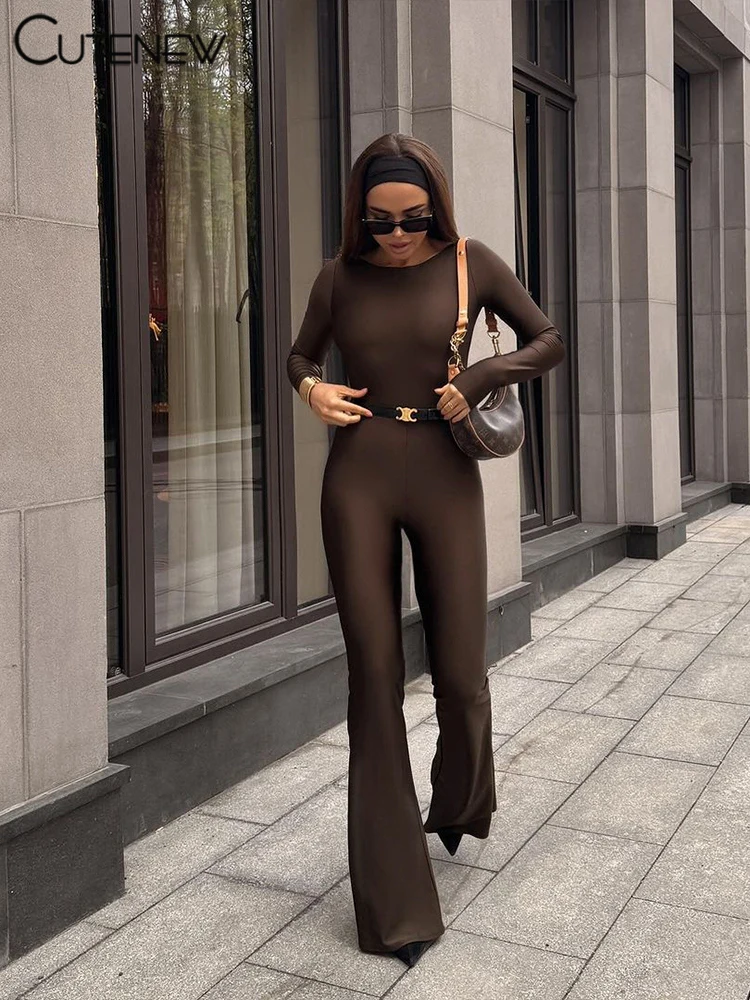 Casual Street Women Jumpsuits Trend Back Hollow Full Sleeve Stretch Skinny Flare Overalls Mujer Classic Go Out One Piece