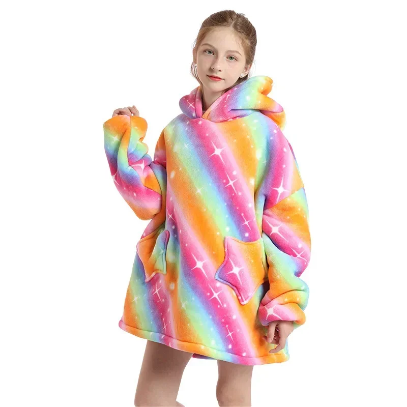 Winter Sherpa Blanket Hoodie Baby Kids Sleepwear Robe Flannel Warm Bathrobe For Girls Boys Pajamas Children's Dressing Gown