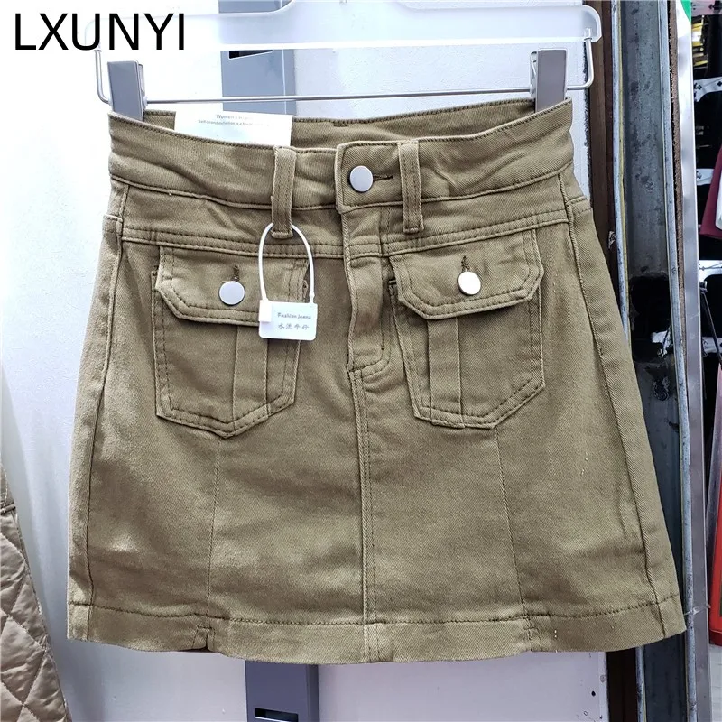 

LXUNYI 2023 Spring Summer Khaki Skirts for Women Pencil Skirt Fashionable Split Design High Waist Wrap Skinny Jean Skirt