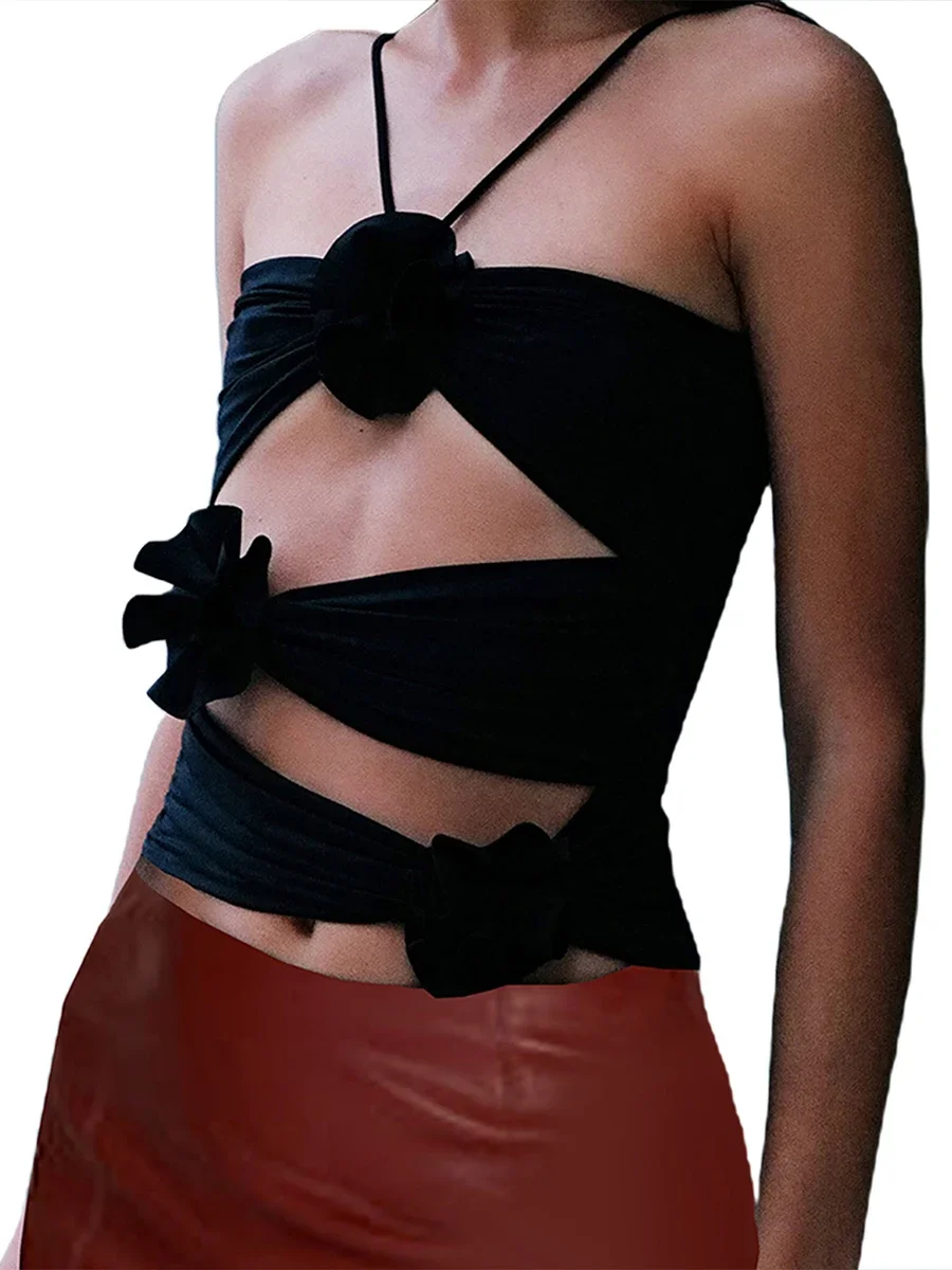 Fashion 3D Floral Strap Crop Tops for Women Sleeveless Bodycon Cut Out Halter Camisole Y2k Fitted Bustier Corset Top - Image 2