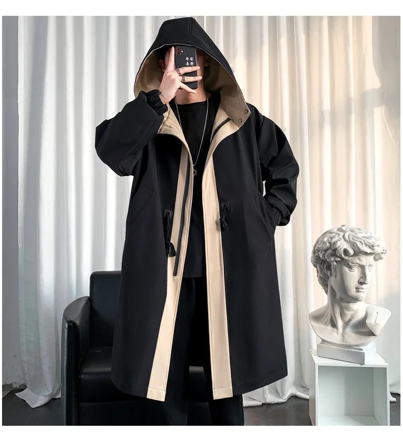 Description Picture 6 of item2024 New Spring Autumn Trench Coat Men Streetwear Long Jacket Hip Hop Male Fashion Windbreaker Hooded Overcoat Women Top