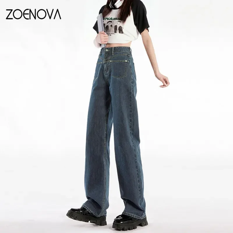 ZOENOVA Y2K 한국 스타일 여성 패션 바지, 루즈 하이 웨이스트 와이드 레그 팬츠, 빈티지 블루, 핫 걸 청바지