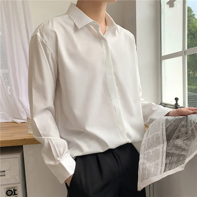 Korean Men Clothing Drape Shirts for Men Solid Color Lapel Long Sleeve Ice Silk Business Casual Buttons Silk Shirt