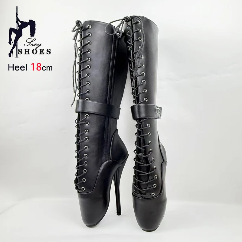 18CM Ultra high heel Matte Black Ballet Boots Women Lockable Knee High Boots Lock Wrap Strap Custom Fetish SM Large Size Shoes