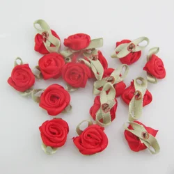 Vibrant Fabric Ribbon Rose Rosettes with Leaf - Set of 50 Flower Embellishments for DIY Crafts & Sewing Supplies (01 red)
