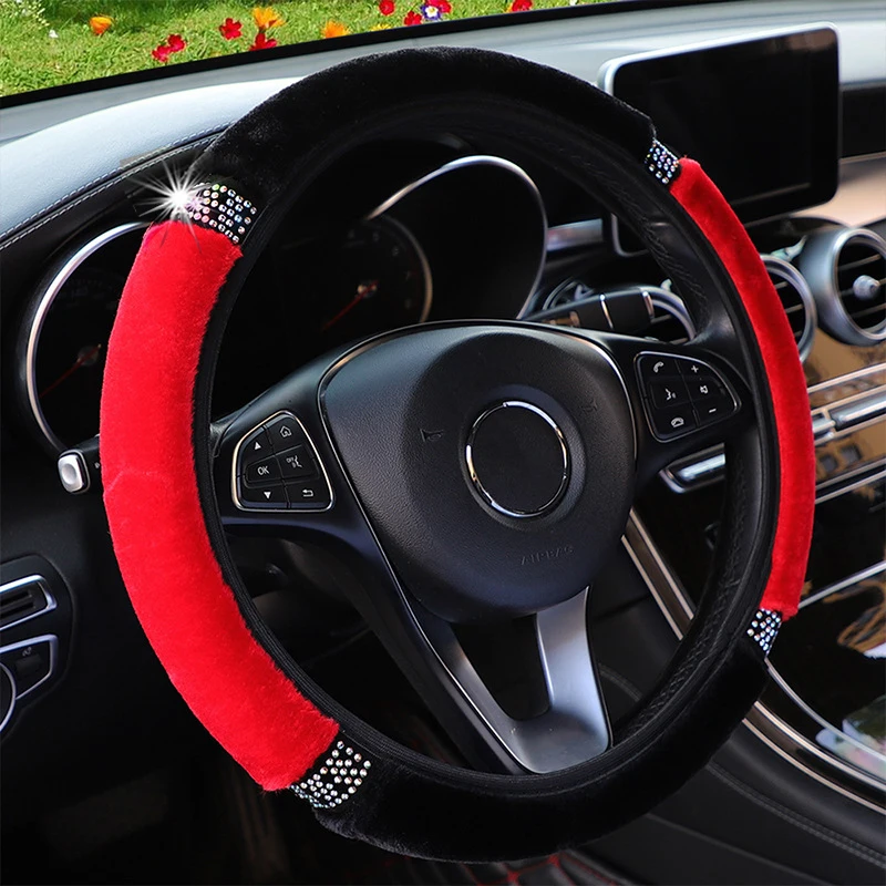 Car Steering Wheel Cover 37-38cm Diameter Soft Plush Rhinestone steering wheel cover
