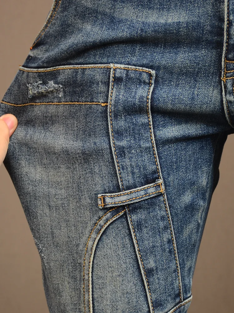Street Stitching Jeans Men's Punk & Rock Stretch Slim Fit Skinny Retro Washed Casual High Street Motorcycle Men's Pants