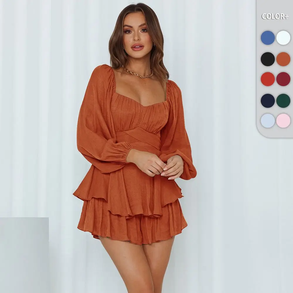 

Summer High Waist Solid Color Sexy Holiday Jumpsuit Elegant Long Sleeve Ruffle Romper Square Collar Casual Playsuits