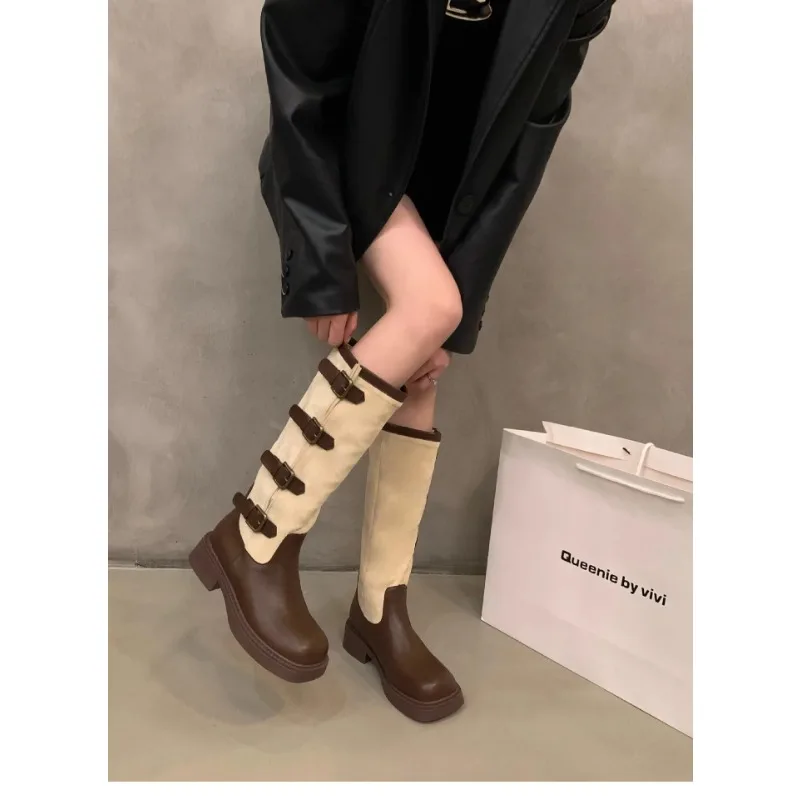 2023 New Retro Suede Boots Women Thick Bottom Brown Long Knight Boot Chic Demi-season Brown Autumn Footwear Ladies