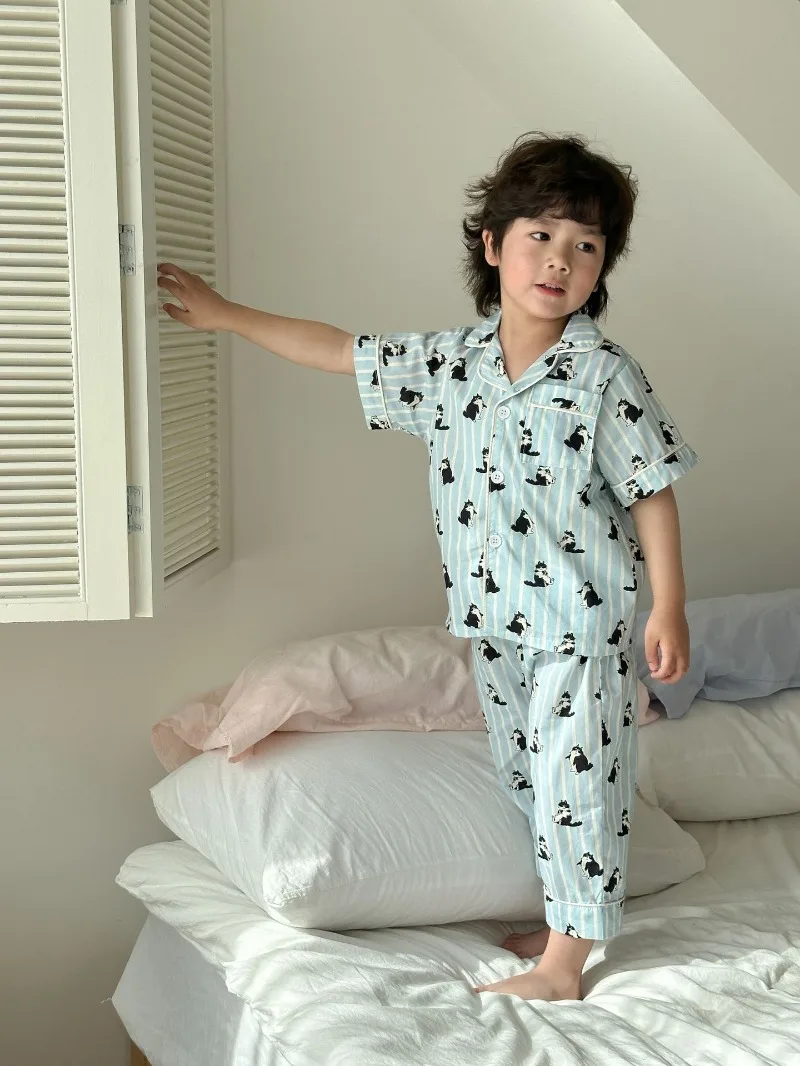 Children's Pajamas Summer 1-8Y Home Clothing Set Thin Pure Cotton Boys Lapel Top Pants 2Pcs Suit Girls Cartoon Printed Sleepwear