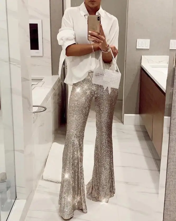 Women's Fashion Flare Pants 2024 Spring Summer Latest Sequins High Waist Bell Bottled Long Pants Daily Versatile Party Trousers