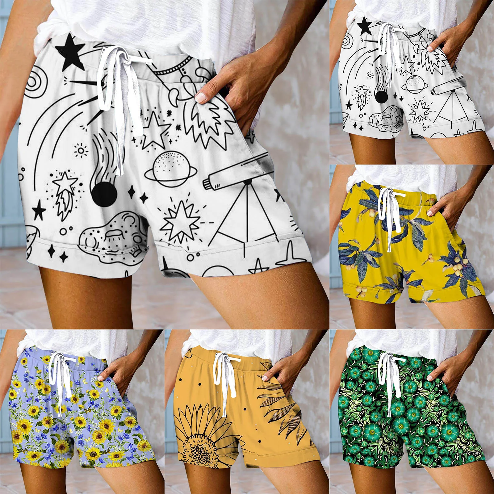 

Женские модные шорты на шнуровке с принтом, Летние повседневные и легкие шорты с эластичным поясом и карманами, 6