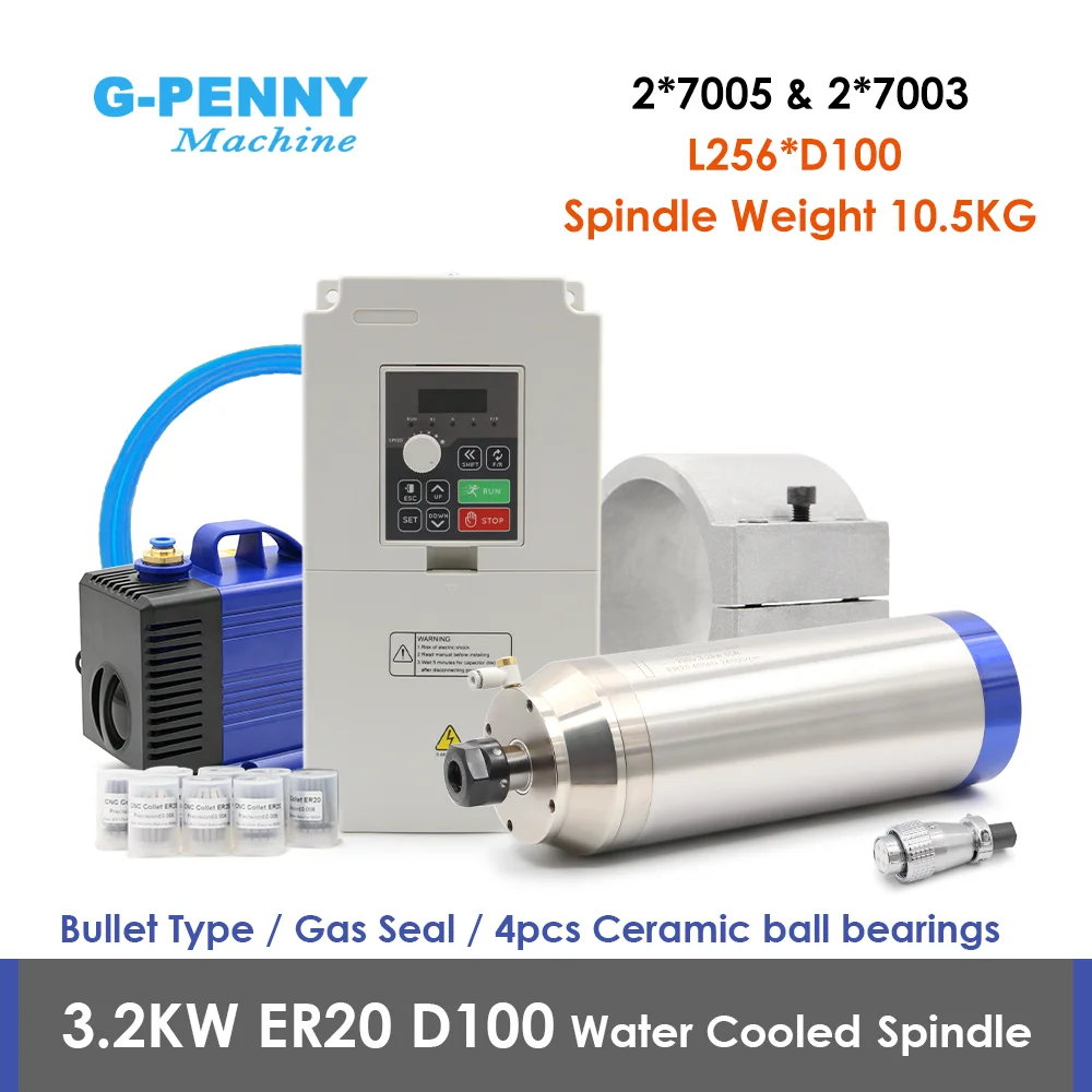G-Penny 3,2 kW ER20 Granitbearbeitungsspindelmotor Wasserkühlung Gasdüse Kugelform 220V/380V &Inverter&Halterung