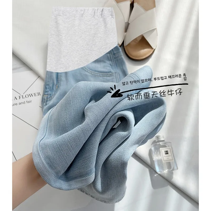 여름 얇은 아이스 실크 와이드 레그 청바지 출산 바지 스트레이트 컷 루즈 바닥 길이 바지 봄 여름 캐주얼 임신 청바지