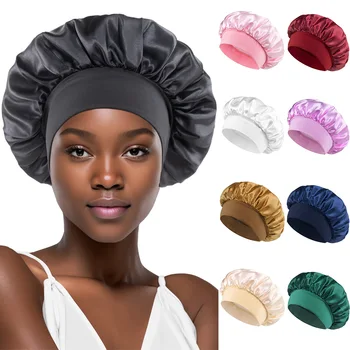 Gorro de satén para dormir, cuidado del cabello. Con banda elástica suave ancha.