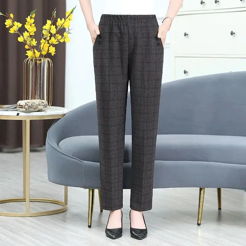 Spring and Autumn Women's Elastic Pockets Loose Solid High Waist Elastic Slim Fit Straight Sleeve Casual Fashion Elegant Pants