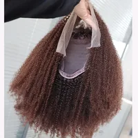 Perruque Lace Closure Wig Remy Indienne Naturelle, Cheveux Crépus Bouclés, Brun Foncé, 4C 4
