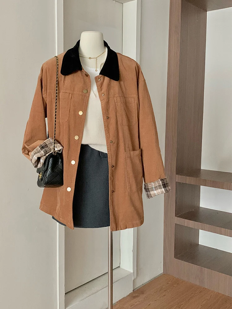 

Preppy Style Womens Retro Elegant Khaki Windbreaker Lapel Collar Korean Streetwear Coat Single Breasted Jackets Autumn Winter