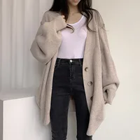 Casual V-neck single-breasted loose long-sleeved knitted cardigan, autumn and winter ladies gentle temperament gray sweater jack