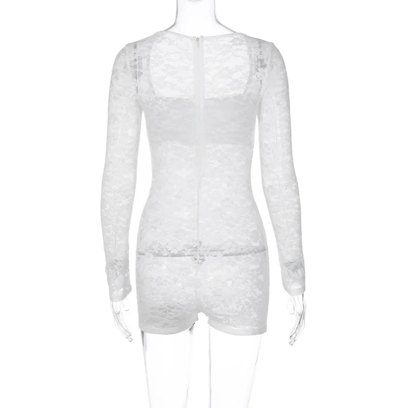 BKLD Streetwear New Summer Women Clothing Sexy White Lace See-Through Long Sleeve Slim Fit Shorts Solid Color Romper For Women