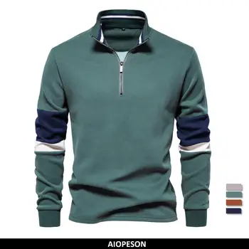 AIOPESON Mens Mock Neck Quarter Zip Sweatshirts Patchwork  Fashion Pullover Cotton-blend Sweatshirt for Men