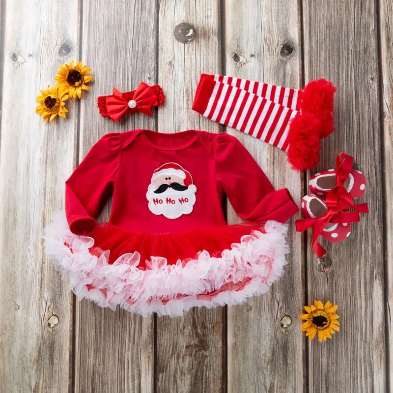 

Christmas Baby Costumes Long Lace sleeved jumpsuit+headband+Stripe knee pads+shoes Newborn Babies Clothes Set 0-24 Months