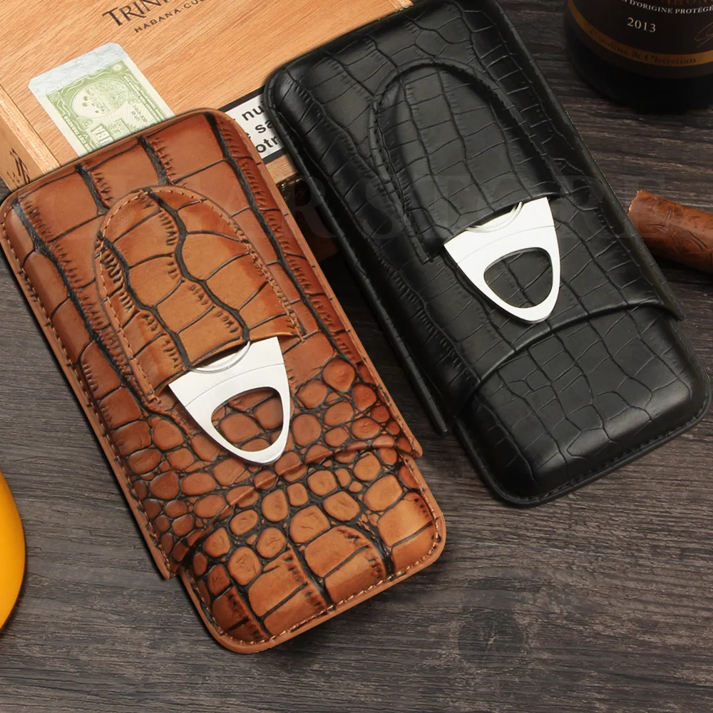 

Leather Cigar Case Portable Cigar Humidor Travel Humidor Box For 3 Cigars W/ Cigar Cutter