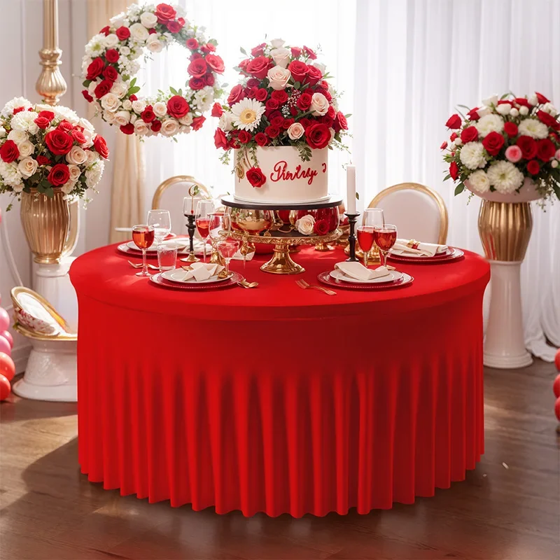 White Polyester Elastic Tablecloth Cover Wedding Banquet Round Spandex Table Skirt Conference Office Tablecloth Party Decoration 2