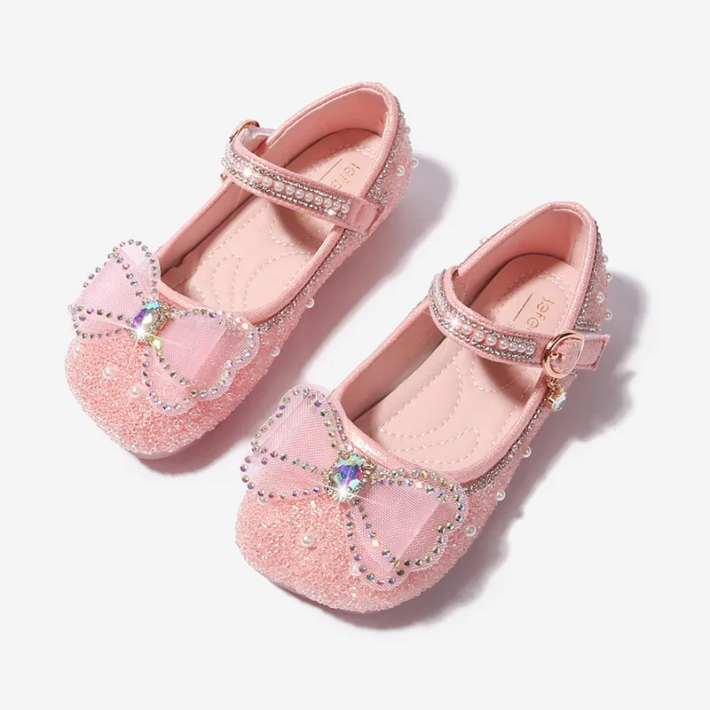 

Latest Design Shiny Diamond Bow Girls Princess Shoes Fashion Children's Crystal Party Dance Kids Flats Student Performance Shoes