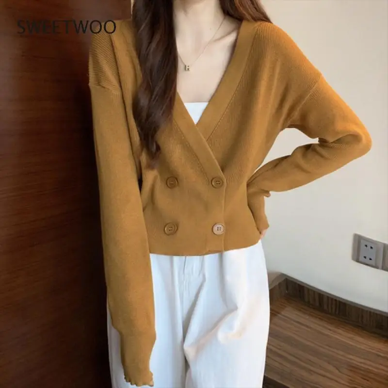 

Knitted Cardigan Autumn Winter V Neck Long Sleeve Double Breasted Loose Women's Sweaters Solid Slim All-Match Sueter Tide Chic